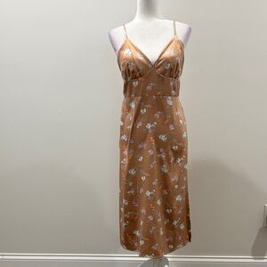 Pink Rose Floral Midi Dress - Tan and Pink